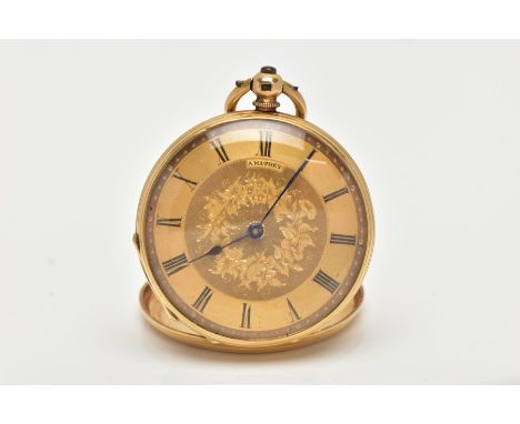 A YELLOW METAL OPEN FACE POCKET WATCH, hand wound movement, gold tone dial with floral detailing signed 'A.Mathey', Roman num