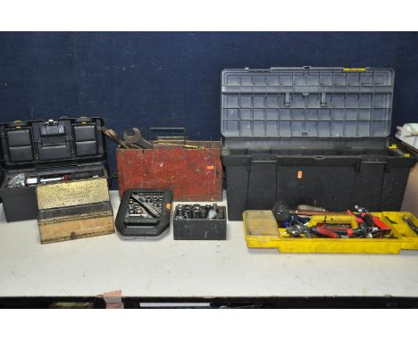 TWO TOOLBOXES AND TWO BOXES OF TOOLS to include a number of spanners, screwdrivers, grips, clamps, hammers, socket sets, file