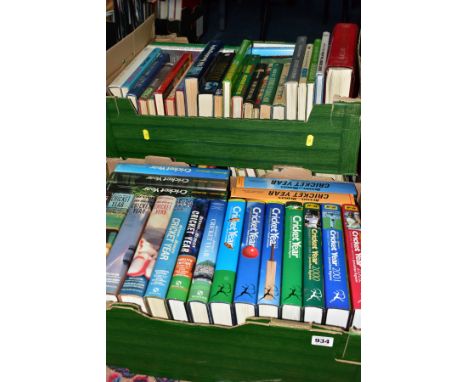 CRICKET BOOKS, three boxes containing approximately 80 hardback titles to include B&amp;H Yearbooks, Biography (Jim Laker, Ja