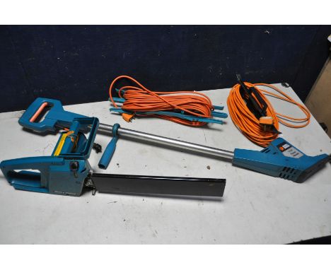 A BLACK AND DECKER POWER WEEDER model No W100 and a Black and Decker chainsaw with one power cable and an extension lead (PAT