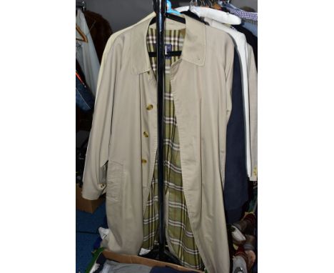 A GENTS BURBURRY KHAKI MAC AND TWO AQUASCUTUM COATS, the Burberry mac with green tartan interior, size 50 REG, the Aquascutum