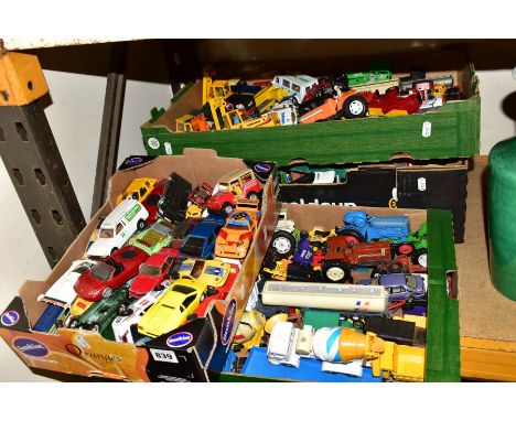 FOUR BOXES OF UNBOXED AND ASSORTED PLAYWORN DIECAST VEHICLES, a large quantity of vehicles to include Matchbox, Majorette, Sc