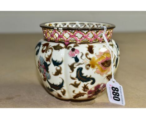 A SMALL ZSOLNAY PECS PLANTER, with pierced rim, florally decorated, blue faded factory mark to base and no51, height 10cm (Co