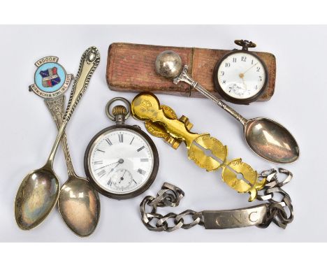 TWO POCKET WATCHES, AND OTHER ITEMS, to include a white metal open face pocket watch, Roman numerals, seconds subsidiary dial