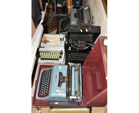 FOUR MANUAL TYPEWRITERS WITH CASES, comprising a Remington Home Portable, an Olivetti Studio 44, a Gabrielle 25 and an Imperi