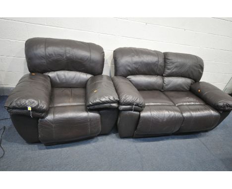 A BROWN LEATHER TWO PIECE LOUNGE SUITE, comprising of a two seater manual recliner and an electric recliner armchair (conditi