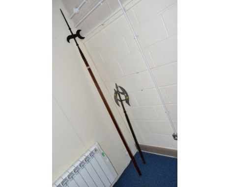 TWO MEDIEVAL STYLE PIKES, (a) total length 244cm, steel head looks to be older than the wooden staff (b) 126cm total length, 