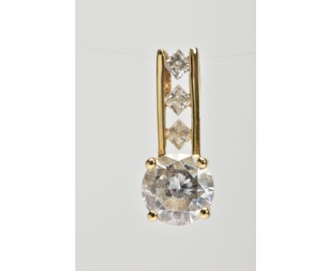 A 14CT GOLD CUBIC ZIRCONIA PENDANT, bar drop set with three square cut colourless cubic zirconia stones and a further larger 