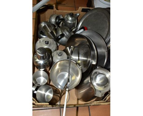 A BOX OF METALWARES, including Old Hall stainless steel designed by Robert Welsh, comprising an insulated flask, swing handle