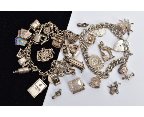 TWO SILVER CHARM BRACELETS AND LOOSE CHARMS, the first a curb link chain each link stamped sterling, fitted with seven charms