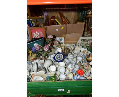 THREE BOXES OF MINIATURE CERAMICS, SMALL PICTURE FRAMES, ORNAMENTS AND SUNDRY ITEMS, to include a collection of over fifty mi