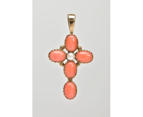 A 9CT GOLD CORAL AND PEARL CROSS PENDANT, set with five pink coral oval cabochons and a central single cultured pearl, applie