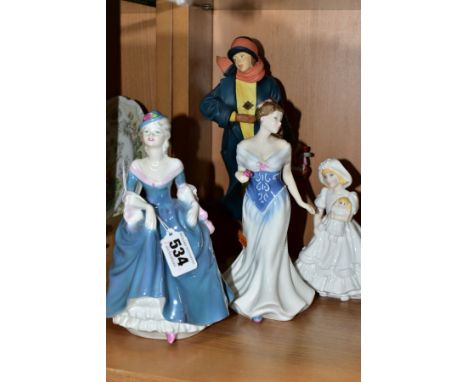 FOUR ROYAL DOULTON, ROYAL WORCESTER AND COALPORT LADY / GIRL FIGURES, comprising a resin Royal Doulton Classique 'To The Fair