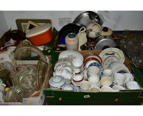 FIVE BOXES AND LOOSE CERAMICS, GLASS AND METALWARES, to include a twenty two piece Poole Pottery Twintone tea set in dove gre