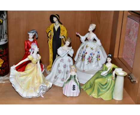 SEVEN ROYAL DOULTON AND COALPORT LADY FIGURES, the Royal Doulton comprising Diana HN2468 mounted on a ceramic table lamp, a r