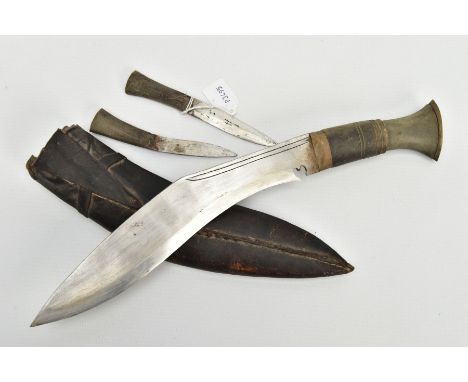 INDIAN SUB CONTINENT KUKRI KNIFE, in original scabbard, together with the two smaller knives making the complete set of three