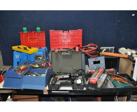SIX BOXES OF TOOLS including a Black and Decker drill (PAT pass and working), an untested vintage Black and Decker drill, two