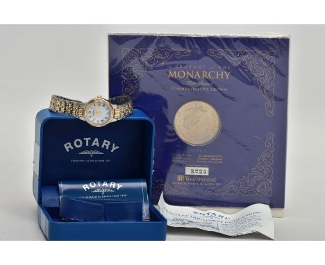 A LADIES 'ROTARY' WRISTWATCH AND A COMMEMORATIVE COIN, quartz movement, round white dial signed 'Rotary', Roman numerals, dat