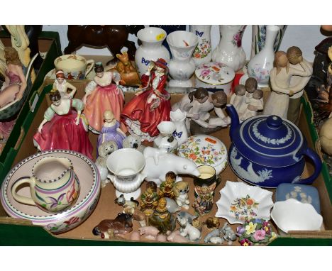 A BOX AND LOOSE CERAMIC GIFTWARES ETC, to include five figurines: Royal Doulton HN2832 Fair Lady, HN1534 Top o' the Hill (sd)