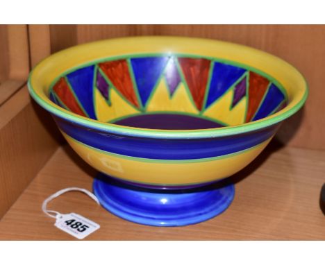 A CLARICE CLIFF BIZARRE BOWL, brightly coloured abstract design to the interior and concentric bands to the exterior, the bas