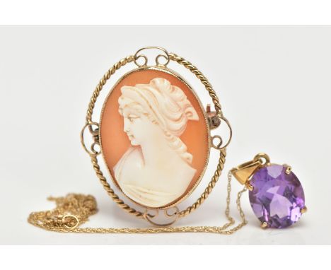 A 9CT GOLD AMETHYST PENDANT NECKLACE AND A 9CT GOLD CAMEO BROOCH, the pendant set with an oval cut amethyst measuring approxi