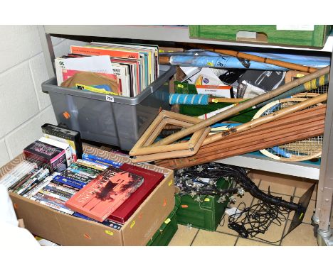 SIX BOXES AND LOOSE DVDS, LPS, HOUSEHOLD SUNDRIES AND SPORTS EQUIPMENT, ETC, the LPs include Blondie, Olivia Newton John, Fra