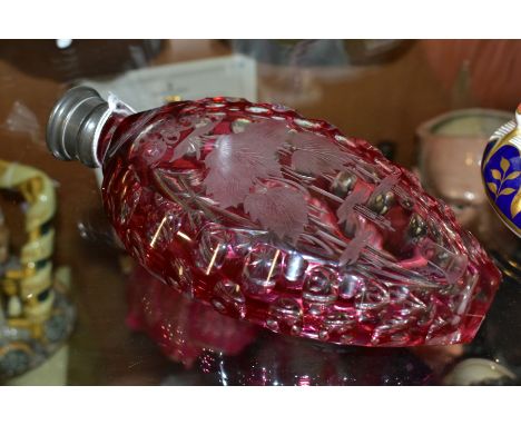 A LATE 19TH CENTURY CRANBERRY FLASK GLASS FLASK, one side etched with initials, flowers and a bell, the remaining three sides