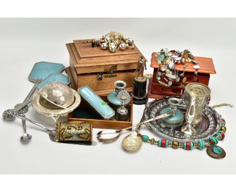 A BOX OF ASSORTED ITEMS, to include a three piece white metal and light blue guilloche enamel vanity set comprising of a hair