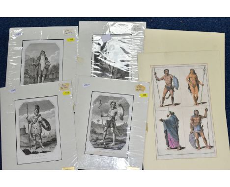FIVE 19TH CENTURY ENGRAVING PRINTS DEPICTING ANCIENT BRITONS, comprising male and female Britons, a Druid and a Roman, publis