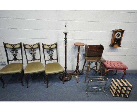 A COLLECTION OF OCCASIONAL FURNITURE, to include a Lloyd loom wicker occasional table, torchere stand, buttoned dressing stoo