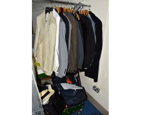 A QUANTITY OF GENTLEMENS CLOTHING, including seven complete two piece suits and eight other jackets with co-ordinating trouse