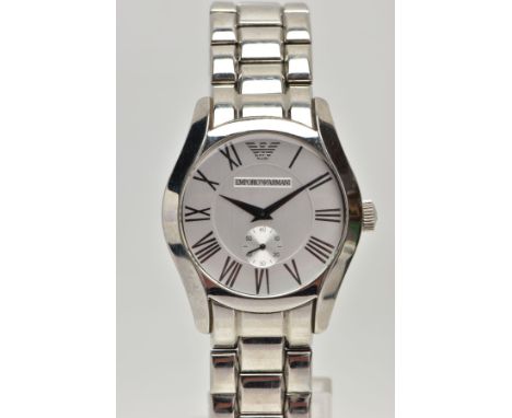 A GENTS 'EMPORIO ARMANI' WRISTWATCH, round silver dial signed 'Emporio Armani', Roman numerals, seconds subsidiary dial at th