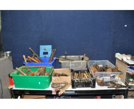 SIX TRAYS CONTAINING VINTAGE HAND TOOLS including a 8in Coffin Plane, a 6in router plane (no blade), a moulding plane, a Reco