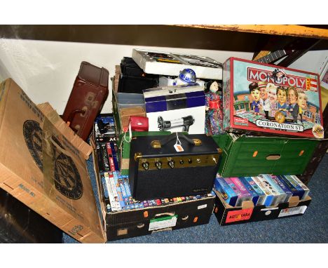 FOUR BOXES AND LOOSE AUDIO EQUIPMENT, DVDS, CDS, TOYS AND SUNDRY ITEMS, to include a Bush Classic amplifier, a Prinz TCR 25 T