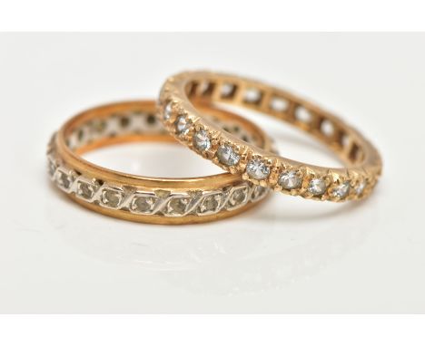 TWO FULL ETERNITY RINGS, the first set with a row of colourless cubic zirconia, stamped 9ct, ring size M 1/2, approximate gro