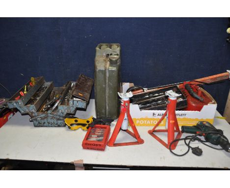 A TOOLBOX AND A BOX OF TOOLS to contain a quantity of spanners, sockets, ratchets, hammers, a ten litre petrol can, a Bell on