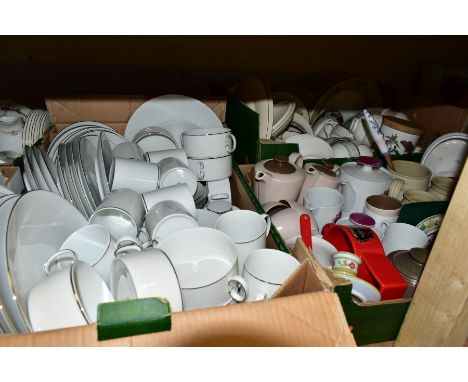 THREE BOXES OF CERAMICS, to include a large Thomas, Germany silver banded dinner service (approximately sixty pieces), a sixt