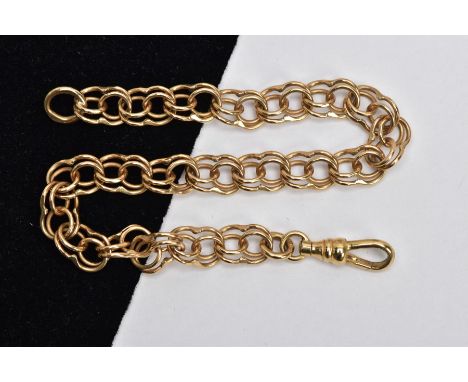 A 9CT GOLD DOUBLE LINK BRACELET, hallmarked 9ct gold slightly rubbed hallmark, fitted with a swivel clasp stamped 9ct, length