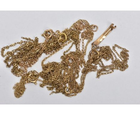 A BAG OF ASSORTED CHAINS, entangled yellow metal chains and a ring size adjuster stamped 9ct, approximate gross weight 5.6 gr