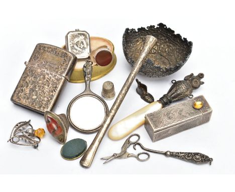 A BAG OF ASSORTED ITEMS, to include an AF baby's silver rattle in the form of an owl (missing eye stones and the two rattles 