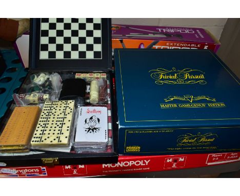 THREE GAMES AND A BOXED TRIPOD, ETC, comprising a cased games compendium including dominoes, chess, draughts, cribbage, poker