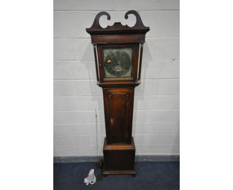 WILLIAM GLOVER OF WORCESTER, AN GEORGE III OAK 30 HOUR LONGCASE CLOCK, the hood with a swan neck pediment, twin pillars flank