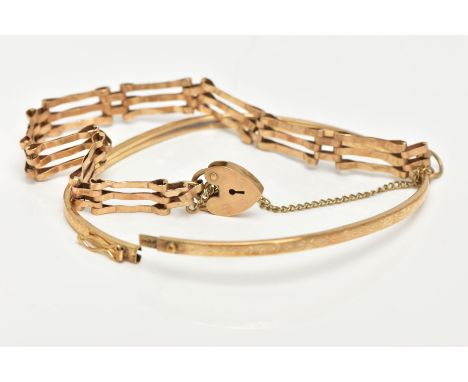 A 9CT GOLD BANGLE AND GATE BRACELET, distorted thin bangle, approximate width 2.7mm, fitted with a figure of eight safety cla