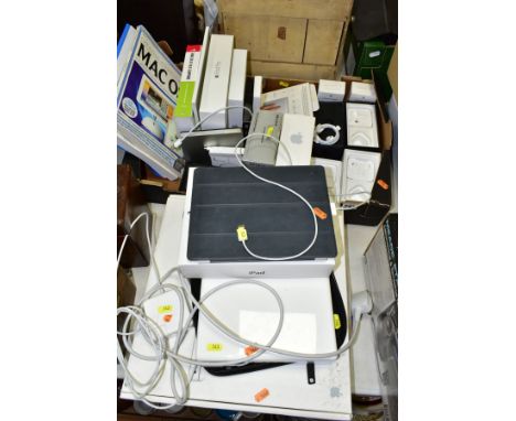 A BOX AND LOOSE OF MOSTLY APPLE ITEMS, comprising a boxed white MacBook 13-inch widescreen notebook, A1181, password protecte