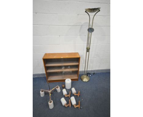 A MID CENTURY REMPLOY TEAK GLAZED BOOKCASE, along with a matched set of six mid-century light fittings, including a three bra