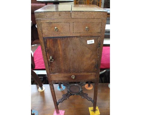 A Regency inlaid wash stand/pot cupboard with flap top, blue and white bowl, single drawer and two faux drawers, pierced stre