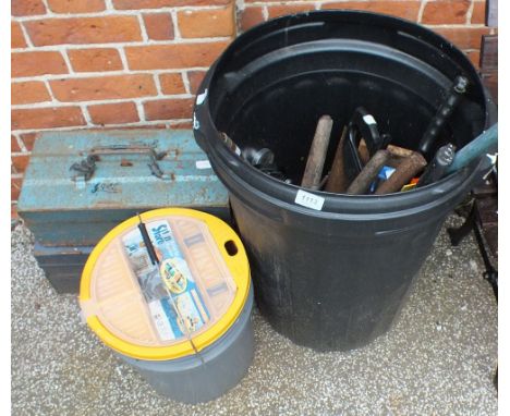 Two tool boxes with contents, terracotta pots, a scythe, garden and other tools etc