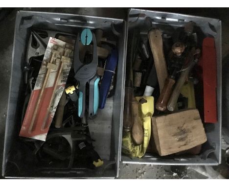Two boxes of assorted tools to include carpenters mallet, quantity of clip clamps, hand drill etc
