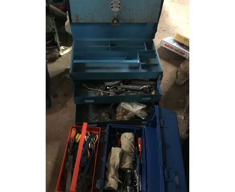 A King Dick Tractor Serviceman's Tool Kit metal tool chest, with contents mainly spacers and a plastic tool box with quantity