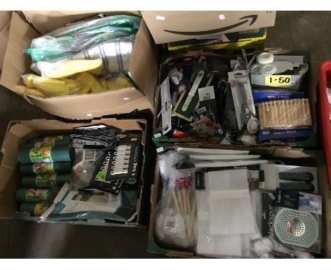 4 boxes of kitchen oriented new items for sale to include mopeds, rubber gloves , clothes, washing line, pegs, kitchen implem